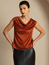 [Karamel] SilkSilky-DK Cap Sleeve Cowl Neck T-shirt til kvinder 004