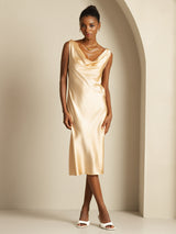 [Champagne] SilkSilky-DK Sleeveless Cowl Neck Kjole 001