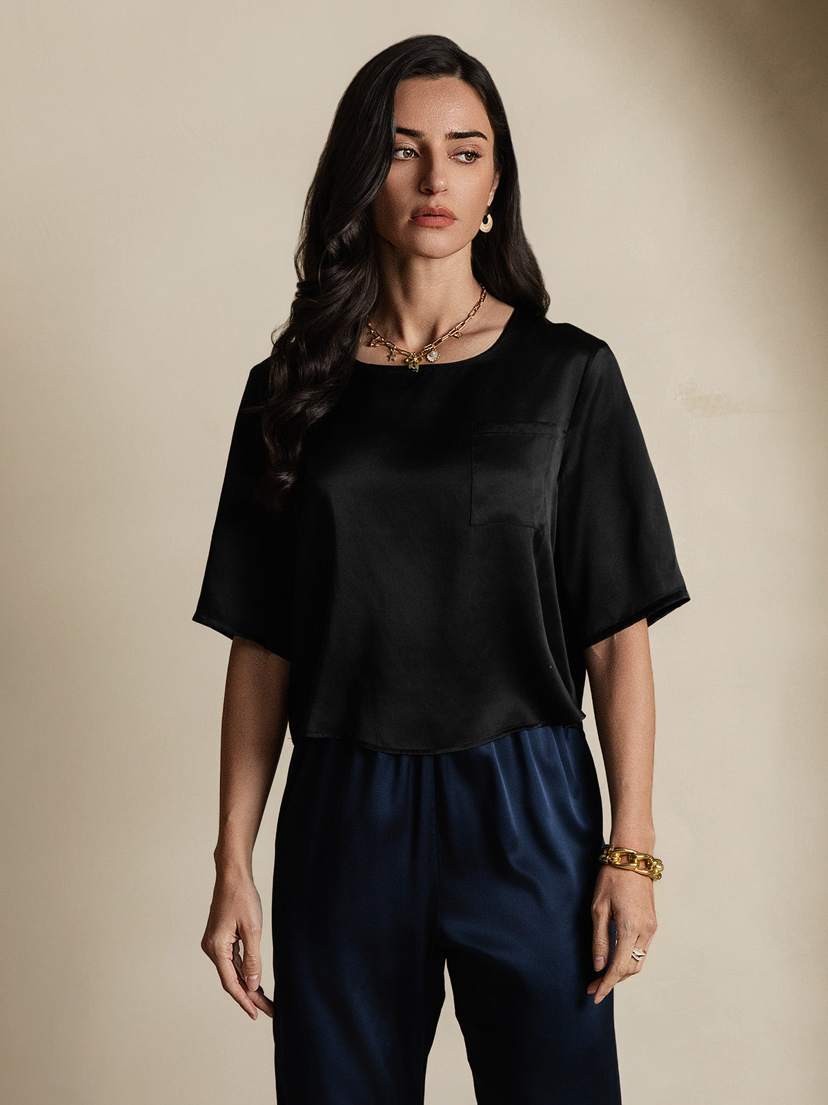[Sort] SilkSilky-DK Pure Silk Half Sleeve Boat Neck T-shirt til kvinder 005