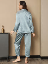 [Stål Blå] SilkSilky-DK Long Sleeve Lapel Collar Dame Pyjamas 003