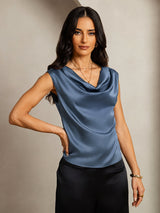 [Ægte Petrol] SilkSilky-DK Cap Sleeve Cowl Neck T-shirt til kvinder 001