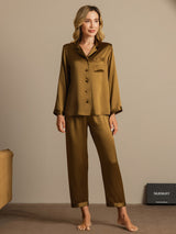 [Brun] SilkSilky-DK Long Sleeve Lapel Collar Dame Pyjamas 001