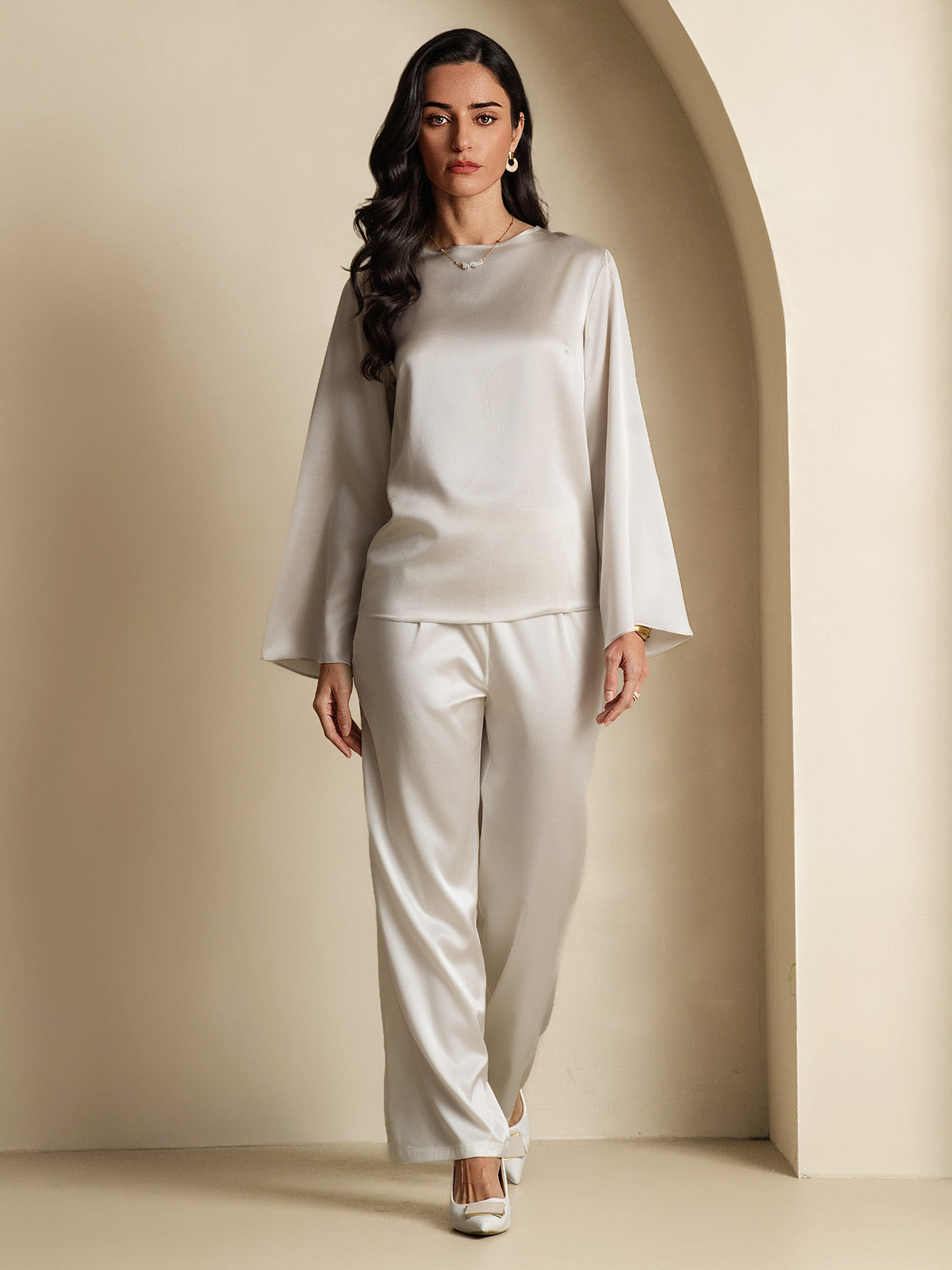 [Lysegrå] SilkSilky-DK 19Momme Silke Womens T-Shirt 006,