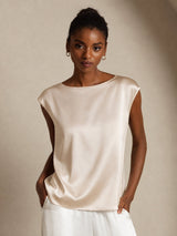[Beige] SilkSilky-DK Cap Sleeve Round Neck T-shirt til kvinder 001