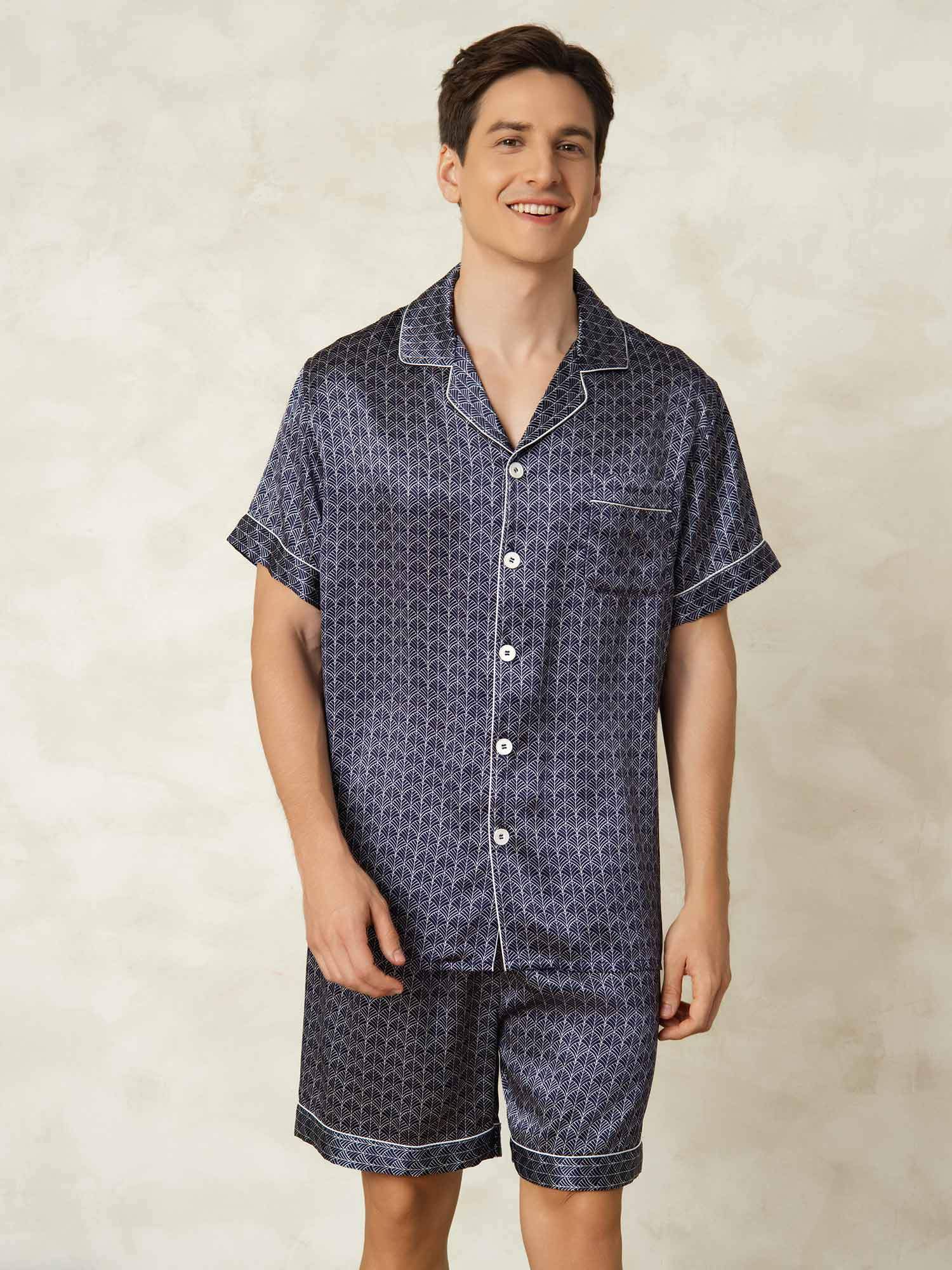 [Marine Ginkgo] SilkSilky-DK Kort ærme Notchkrage Pyjamas til Mænd 001
