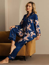 [Mørkeblå] SilkSilky-DK 19Momme Langærmet Notchkrage Dame Pyjamas 006