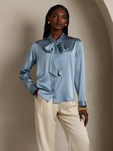 [Gråblå] SilkSilky-DK Long Sleeve Tie Neck Damebluser 007