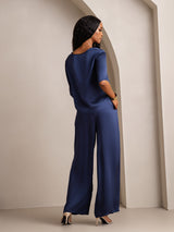 [Mørkeblå] SilkSilky-DK Halv ærme Rund Hals Dame Pyjamas 002