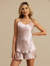 [Pink Hjerte Geo] SilkSilky-DK 19Momme Spaghetti Rem V Hals Camisole Sæt 005