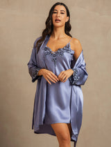 [Stål Blå] SilkSilky-DK 3/4 Sleeve V Neck Natkjole & Morgenkåbe Sæt 003