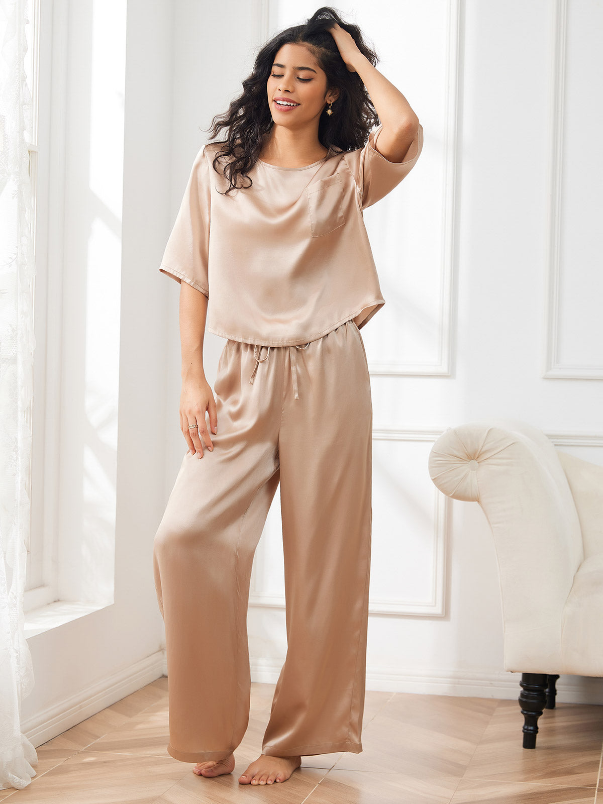 [Champagne] SilkSilky-DK Half Sleeve Round Neck Dame Pyjamas 001