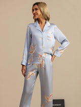 [Lyseblå] SilkSilky-DK 19Momme Langærmet Notchkrage Dame Pyjamas 005