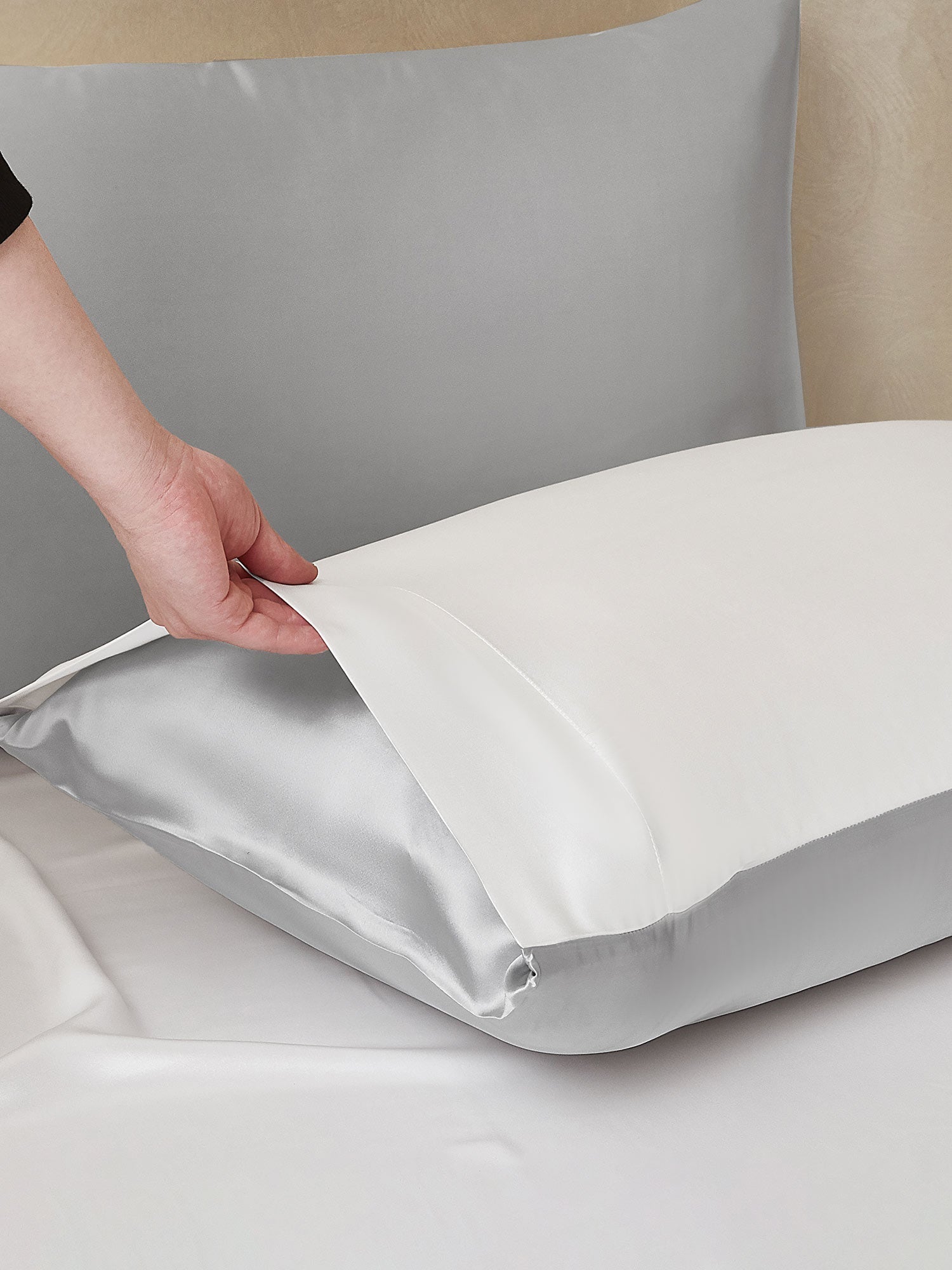 [Lysegrå+Hvid] SilkSilky-DK 22Momme Bedding Set 003,