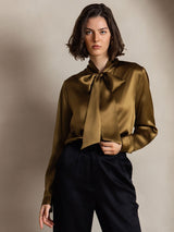 [Brun] SilkSilky-DK Long Sleeve Tie Neck Damebluser 007