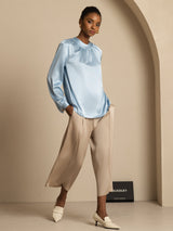 [Gråblå] SilkSilky-DK 19Momme Langærmet Rund Hals Bluse 007