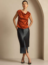 [Karamel] SilkSilky-DK Cap Sleeve Cowl Neck T-shirt til kvinder 008
