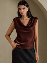 [Mørk Chokolade] SilkSilky-DK Cap Sleeve Cowl Neck T-shirt til kvinder 005