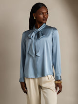 [Gråblå] SilkSilky-DK Long Sleeve Tie Neck Damebluser 004