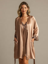 [Brun] SilkSilky-DK 3/4 Sleeve V Neck Natkjole & Morgenkåbe Sæt 003