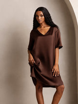 [Brun] SilkSilky-DK Half Sleeve V Neck Natkjole 001