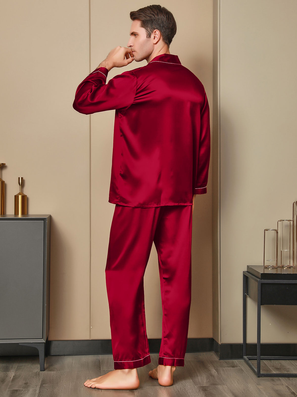 [Rød] SilkSilky-DK 19Momme Mens Pajamas 002