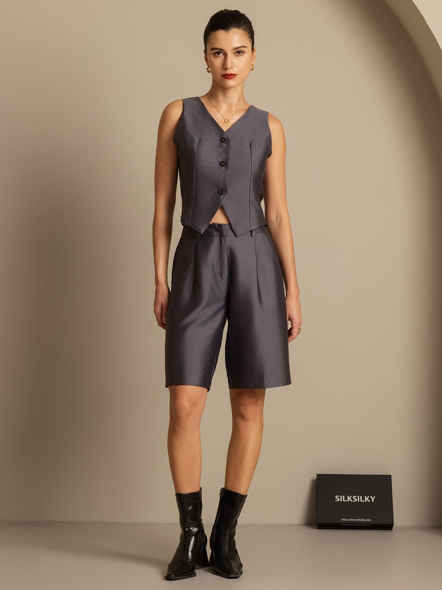 [Grå] SilkSilky-DK 32Momme Silke Womens Vest 003