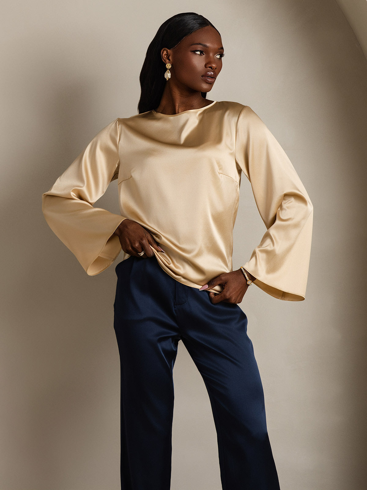 [Champagne] SilkSilky-DK 19Momme Silke Womens T-Shirt 003,