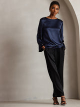 [Mørkeblå] SilkSilky-DK Long Sleeve Boat Neck Bluse 006
