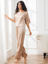 [Champagne] SilkSilky-DK Halv ærme Rund Hals Dame Pyjamas 004