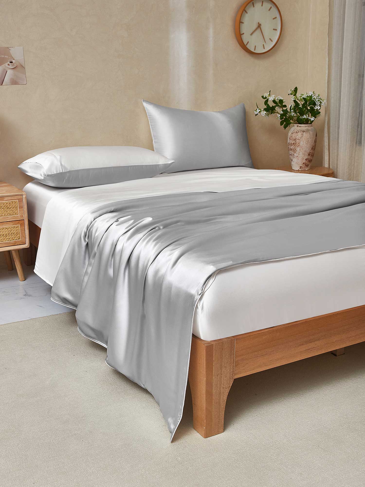[Lysegrå+Hvid] SilkSilky-DK 19Momme Bedding Set 003,