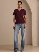 [Vin] SilkSilky-DK Short Sleeve V Neck T-shirt til kvinder 005