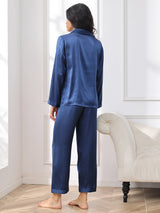 [Mørkeblå] SilkSilky-DK Long Sleeve Lapel Collar Dame Pyjamas 002