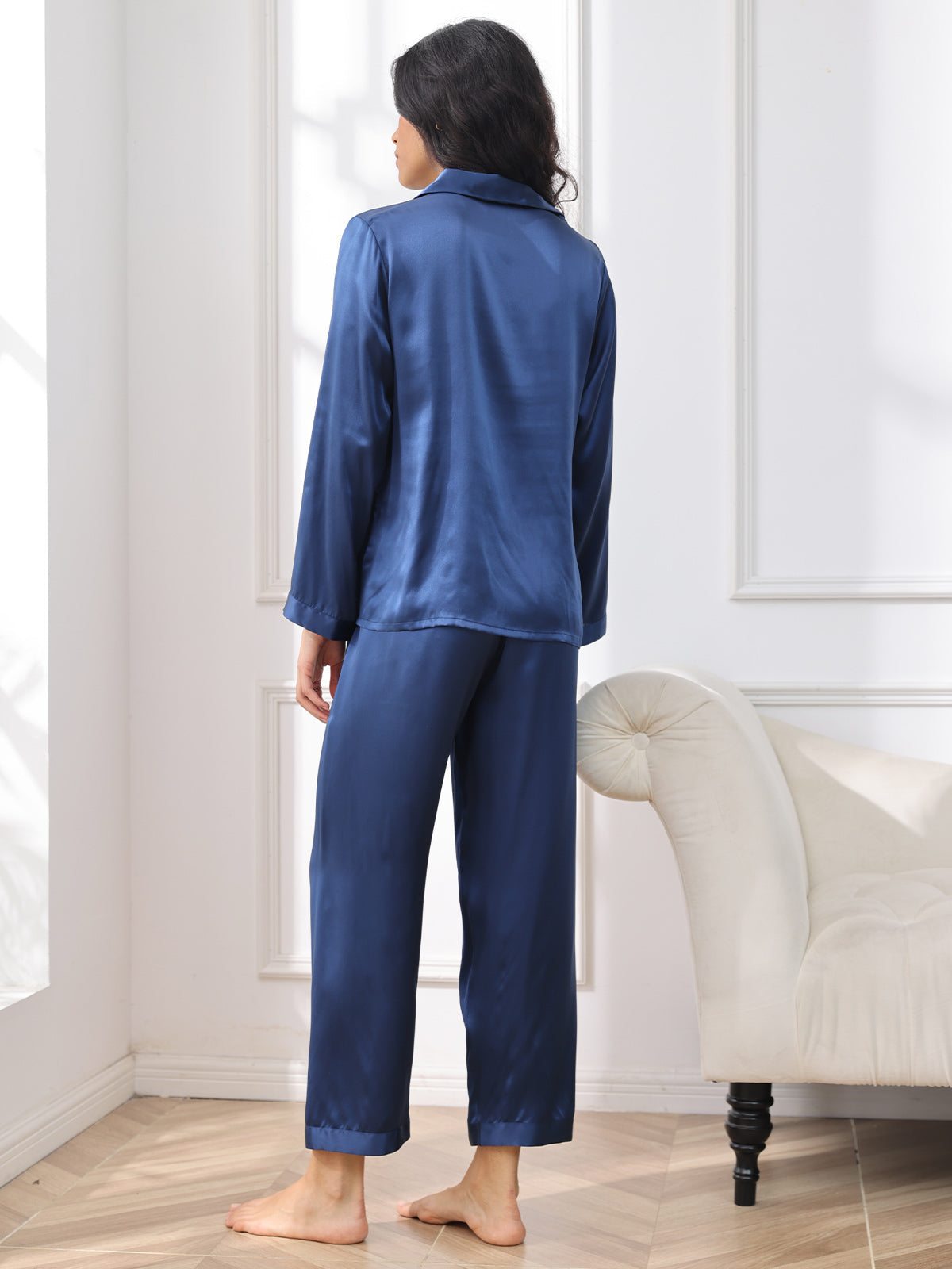 [Mørkeblå] SilkSilky-DK Langærmet Notchkrage Dame Pyjamas 002