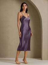 [Lilla Grå] SilkSilky-DK Sleeveless V Neck Kjole 001