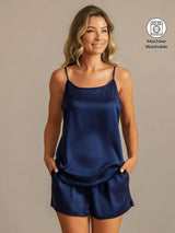[Mørkeblå] SilkSilky-DK 19Momme Silke Spaghetti Rem Camisole Set 001