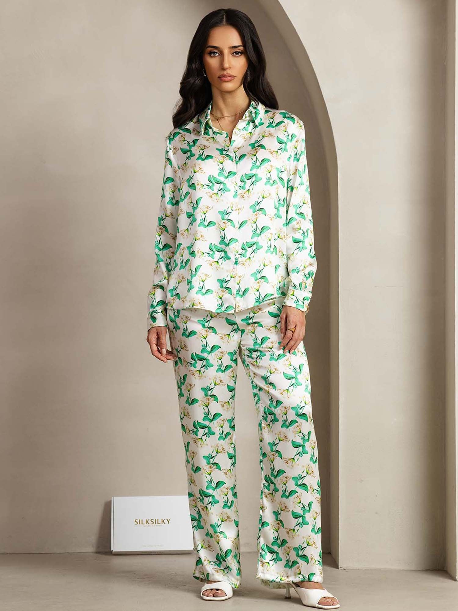[GrønBlomster] SilkSilky-DK 19Momme Silke Lapel Collar Women''s Outfit Sets 001