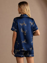 [Marineblå Zebra] SilkSilky-DK Short Sleeve Lapel Collar Dame Pyjamas 002