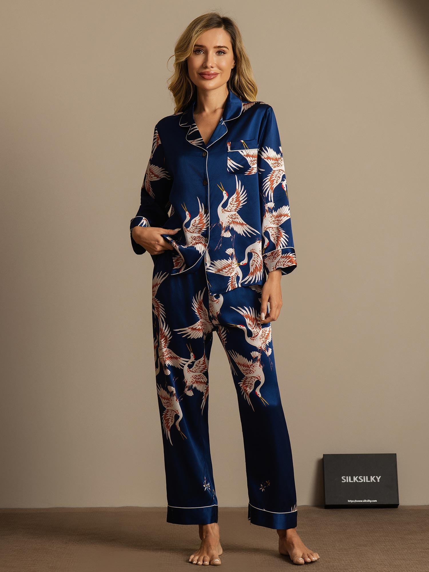 [Mørkeblå] SilkSilky-DK 19Momme Langærmet Notchkrage Dame Pyjamas 007