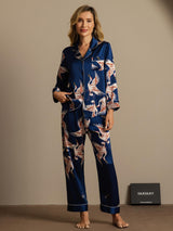 [Mørkeblå] SilkSilky-DK 19Momme Langærmet Notchkrage Dame Pyjamas 007