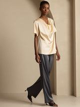 [Champagne] SilkSilky-DK Short Sleeve Cowl Neck Damebluser 007