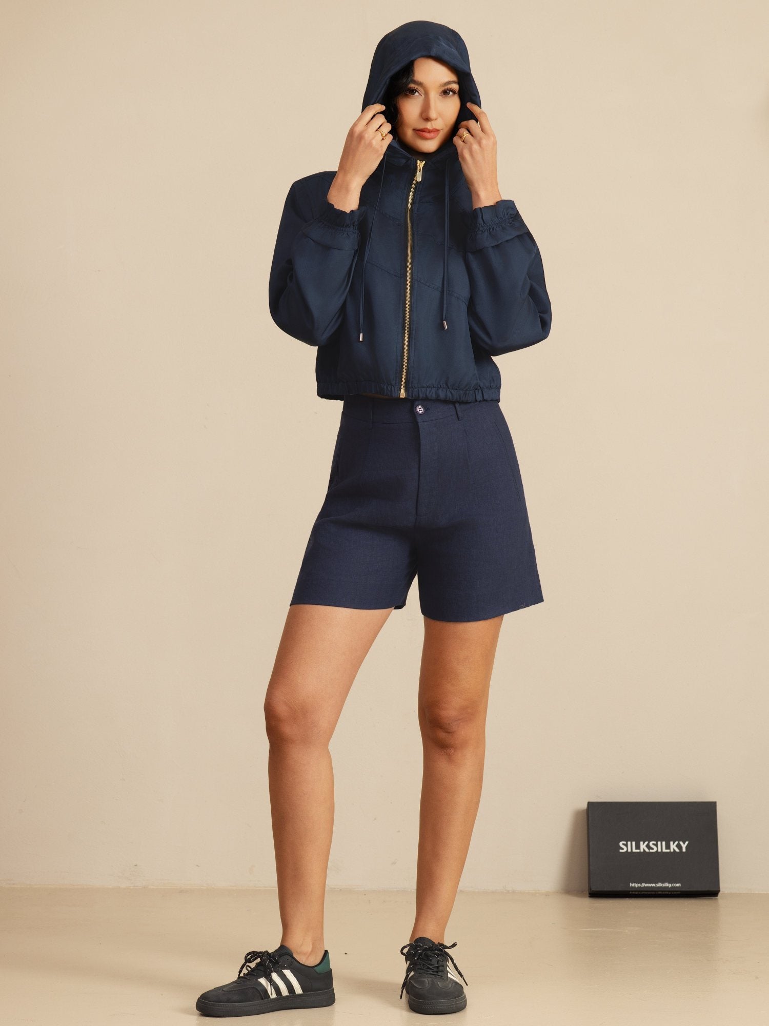 [Mørkeblå] SilkSilky-DK 18Momme Langærmet Høj Hals Overtøj til Kvinder 008