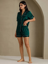 [Mørkegrøn] SilkSilky-DK Short Sleeve Lapel Collar Dame Pyjamas 009