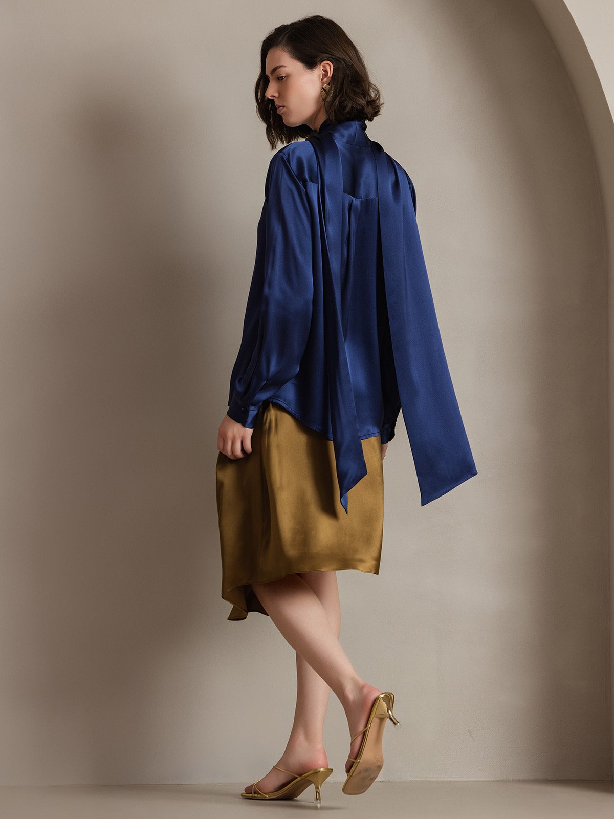 [Mørkeblå] SilkSilky-DK 19Momme Silke Womens Shirt 002
