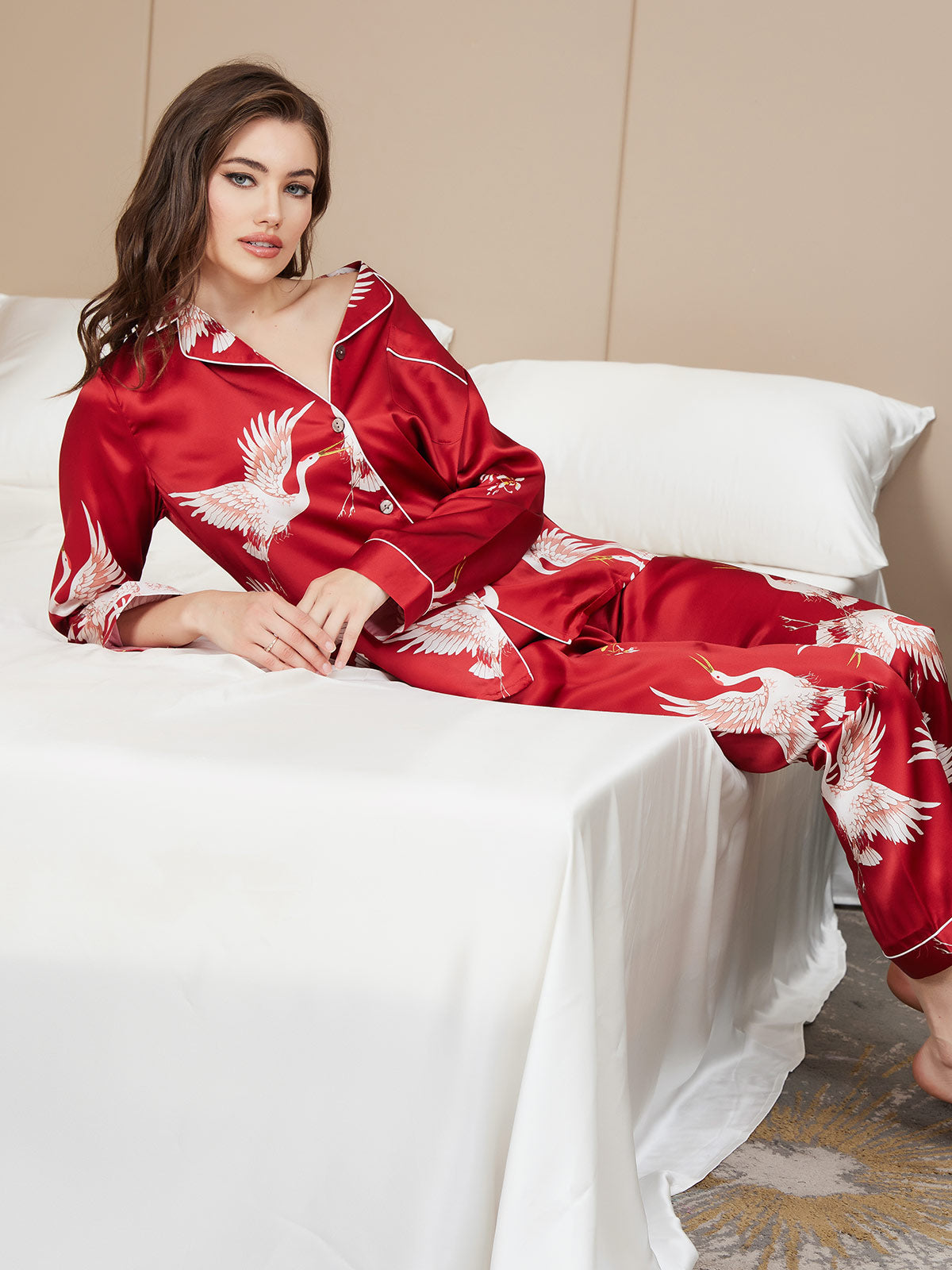 [Mørkerød] SilkSilky-DK 19Momme Langærmet Notchkrage Dame Pyjamas 008