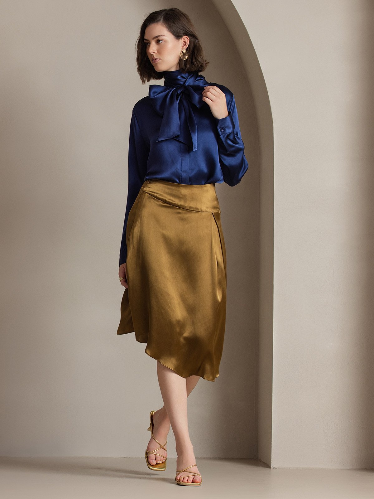 [Mørkeblå] SilkSilky-DK 19Momme Silke Womens Shirt 007