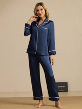 [Mørkeblå] SilkSilky-DK Langærmet Notchkrage Dame Pyjamas 006