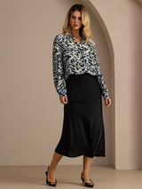 [Teal Leopard] SilkSilky-DK Long Sleeve Lapel Collar Bluse 007