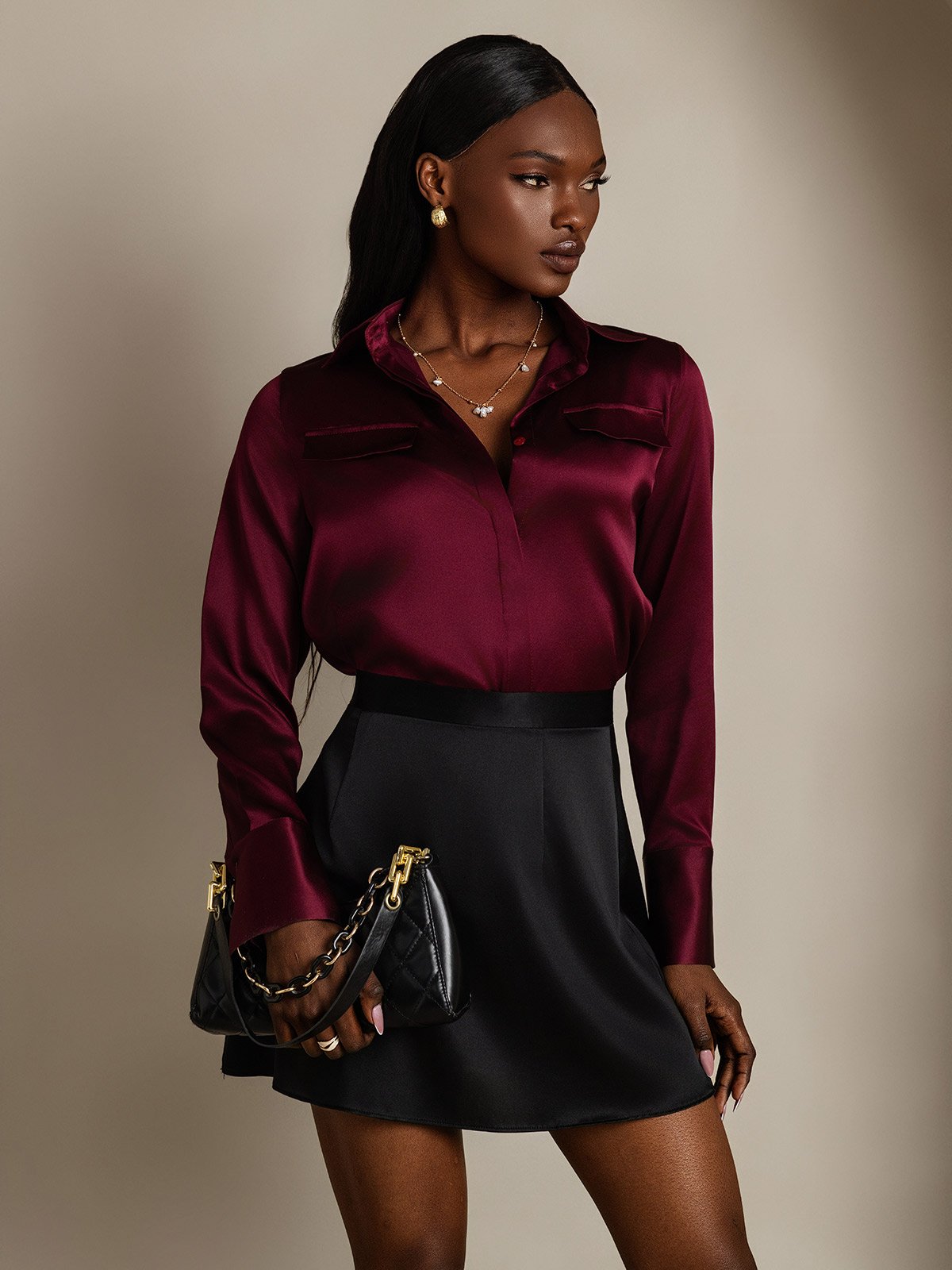 SilkSilky-DK 19Momme Silke Womens Shirt Mørkerød 001