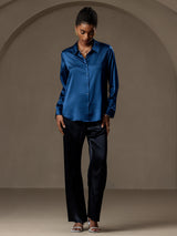 [Blågrøn] SilkSilky-DK Long Sleeve Lapel Collar Dameskjorte 004