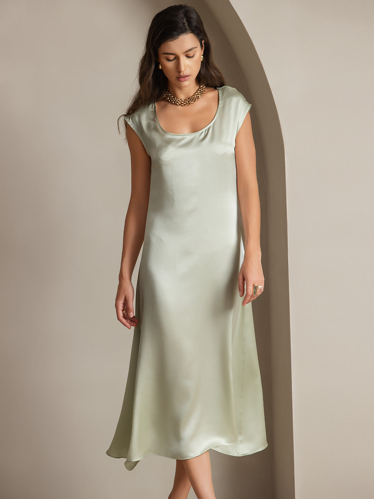 [Lysegrøn] SilkSilky-DK 19Momme Silke Dress 004